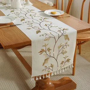 AMZ taplak meja makan rumah tangga, dekorasi rumah tangga bahan katun linen, Sulaman daun jacquard bunga dengan rumbai