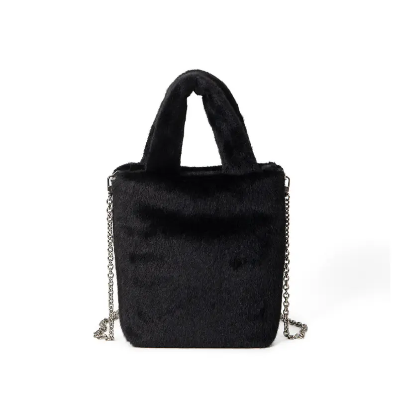 2023 new arrivals plush women handbags fashion bucket bag inclined ladies shoulder bag black fur purses and handbags