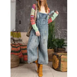 Custom denim women's work overalls blue plus size rompers and jumpsuit distressed bootcut baggy jeans pants