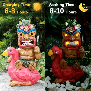 Estatua Colorida de Dios Tiki Montando un Flamenco, Escultura de Madera Tallada a Mano con Falda de Hojas, Arte Tropical Polinesio en Resina - Product Image 4