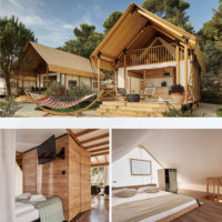 Tente de glamping haut de gamme pour l'extérieur, toile imperméable de 45 m² avec salle de bain et loft, tente de safari de luxe pour hôtel, complexe hôtelier, hébergement