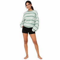 Pull tricoté surdimensionné rayé décontracté pour femme, col rond, manches ballon, couleur sauge, personnalisable OEM/ODM