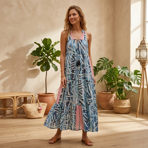 Vestido Maxi Boho con Cuello en V y Lazo, Estampado Geométrico, Corte A, Holgado, de Seda, Verano, Casual, Transpirable, Sin Mangas, Estilo Y2K para Mujer - Product Image 3