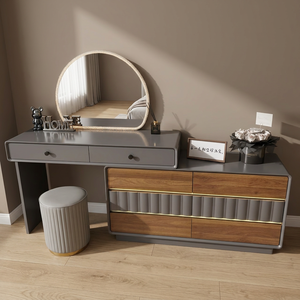 Modern Makeup Vanity Table with Lighted <b>Mirror</b> Wood <b>Panel</b> Storage Desk for Bedroom Furniture - Product Image 2