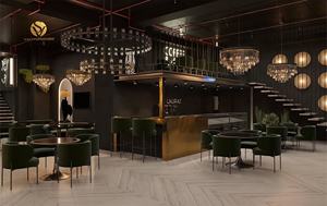 Plan de Diseño Interior de Cafetería Elegante, Mostrador Dorado para Exhibición de Pasteles, Conjunto de Comedor Moderno para Cafetería y Restaurante, Sillón de Terciopelo - Product Image 2