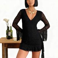 Oferta 2026: Vestido Mini Ecológico de Manga Larga con Escote en V Profundo y Encaje, Estilo Sexy y Moderno para Mujer, Primavera/Verano