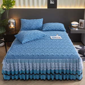 Ensemble de jupe de lit en taffetas épais avec dentelle, pour lit simple, garnissage en polyester, style uni, couleur unie, pour la maison - Product Image 4