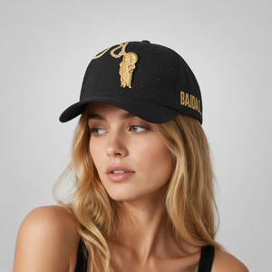 Cappellino da Baseball Nero Lavato a 5 Pannelli con Strisce, Grande Distintivo in Metallo Dorato di San Giuda Ricamato, Catena e Piccoli Strass, Traspirante, Impermeabile, Stile Hip-Hop - Product Image 2
