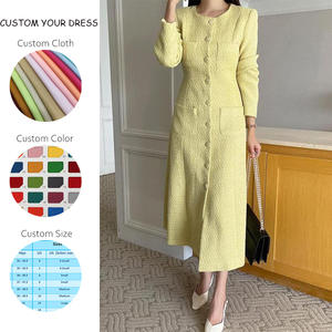 OEM Polyester Couleur Solide Naturel Tissé Automne Vintage Boutons Col Ras Du Cou A-ligne À Manches Longues Tweed Jaune Maxi <span class=keywords><strong>Robe</strong></span> Femme Décontractée - Product Image 2