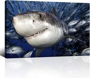 Parede do Oceano Azul Arte Grande Tubarão Branco Pegando Peixes Fotos Impressões Em Tela Subaquática Animal Pintura Obra Decoração