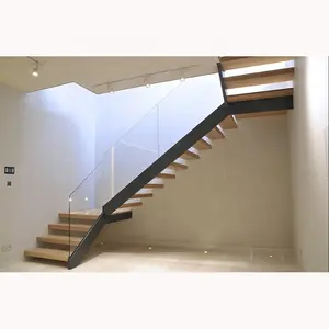 Escalera de espacio pequeña de interior, moderna, prefabricada, recta, de madera, acero inoxidable