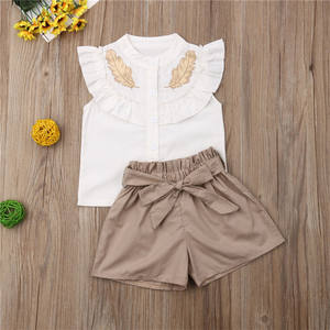 Vêtements pour enfants tendance, haut sans manches à col en dentelle pour bébé avec feuilles + short à ceinture, ensemble de 2 pièces pour filles, vêtements d'été pour enfants - Product Image 2