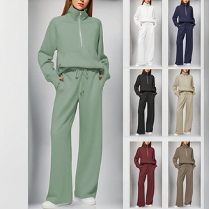 Ensemble décontracté deux pièces pour femme : Sweat-shirt oversize à demi-zip et pantalon de survêtement large en tricot uni pour l'automne, idéal au quotidien - Product Image 2