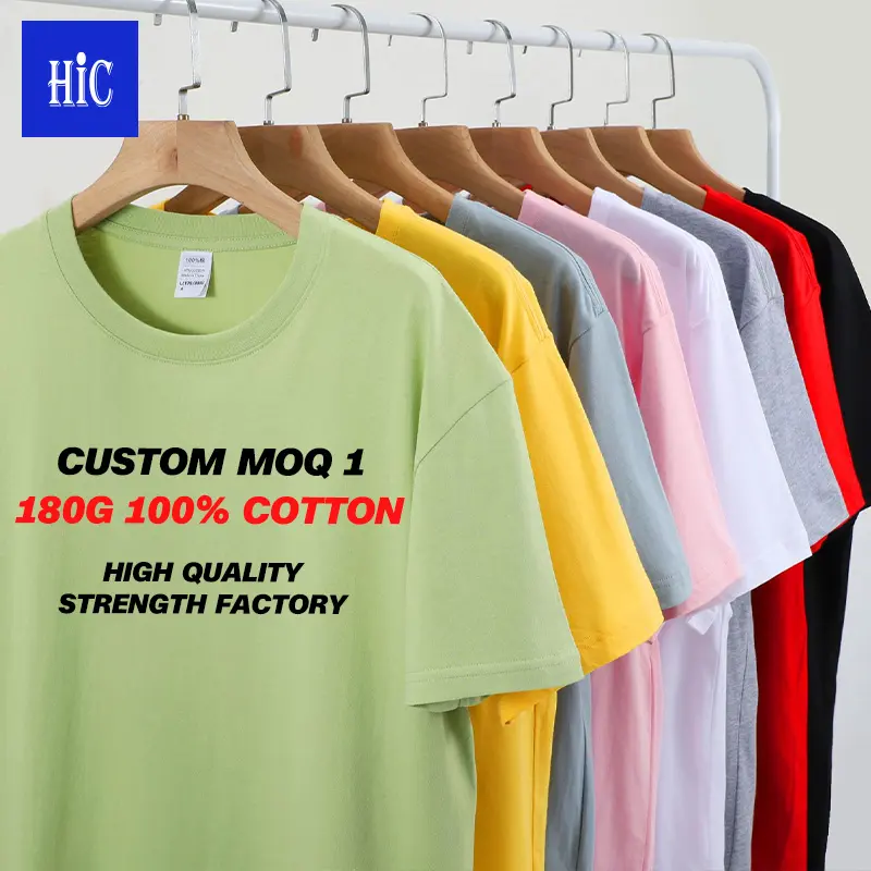 HIC Wholesale Unisex High Quality 180g 100%Cotton Custom Logo Printing Blank O-Neck plus size men's t-shirts