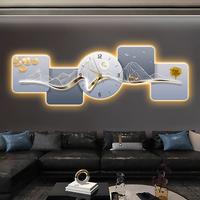 Peinture Murale de Luxe Moderne pour Décoration d'Intérieur, Art Mural avec Horloge et Lumière LED, Tableau Lumineux LED Créatif pour Fond de Canapé