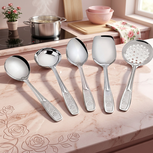 Utensilios de Servir de Acero Inoxidable Ecológicos y Sostenibles de Alta Calidad con Diseño de Rosas para el Hogar, Cocina y Restaurante, Aptos para Lavavajillas - Product Image 3