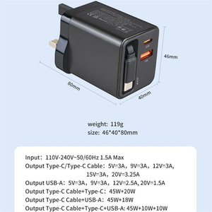 Chargeur mural USB pliable 45W avec câble rétractable Type C, double port, prise US, adaptateur de charge rapide PD pour téléphone portable - Product Image 2
