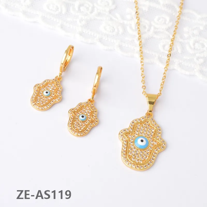 18k Gold Color Inlay Full Zircon Jewelry Hip Hop Blue Devil Eye Pendant Necklace Earrings Set Women Fashion Zircon jewelry