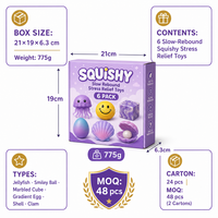 Southpeak Toy Lot de 6 jouets anti-stress à récupération lente, motifs Méduse, Coquillage, Coquille Saint-Jacques, Boule à picots, Cube marbré, couleur Océan Violet, 21x19cm, MOQ48 OEM WS