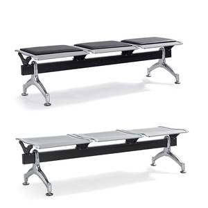 Banco de Tres Plazas Ssyou Gris Plateado con Asiento de Cuero Negro para Sala de Espera Pública, Aeropuerto, Estación de Tren - Product Image 1
