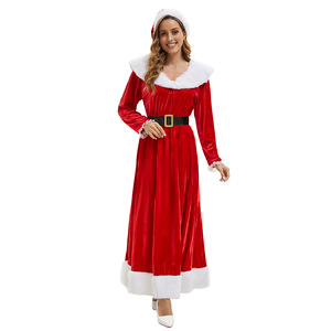 Christmas Dress Women <b>Red</b> Velvet Santa Claus Costume Long Sleeve Party Attire With White Trim And <b>Belt</b> Size Medium - Product Image 2