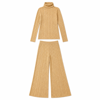 Ensemble 2 pièces de luxe en maille côtelée lurex doré : Haut à col roulé + Pantalon palazzo large – Tenue modeste musulmane – Vente en gros Golfe – Usine OEM