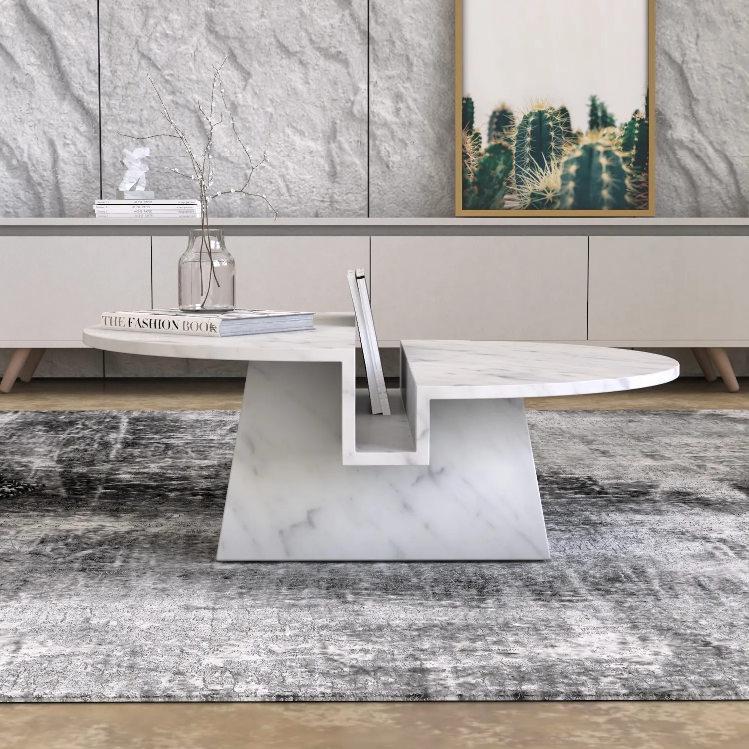Mesa de centro de extremo de mármol redondo nórdico, diseño único, Carrara blanco