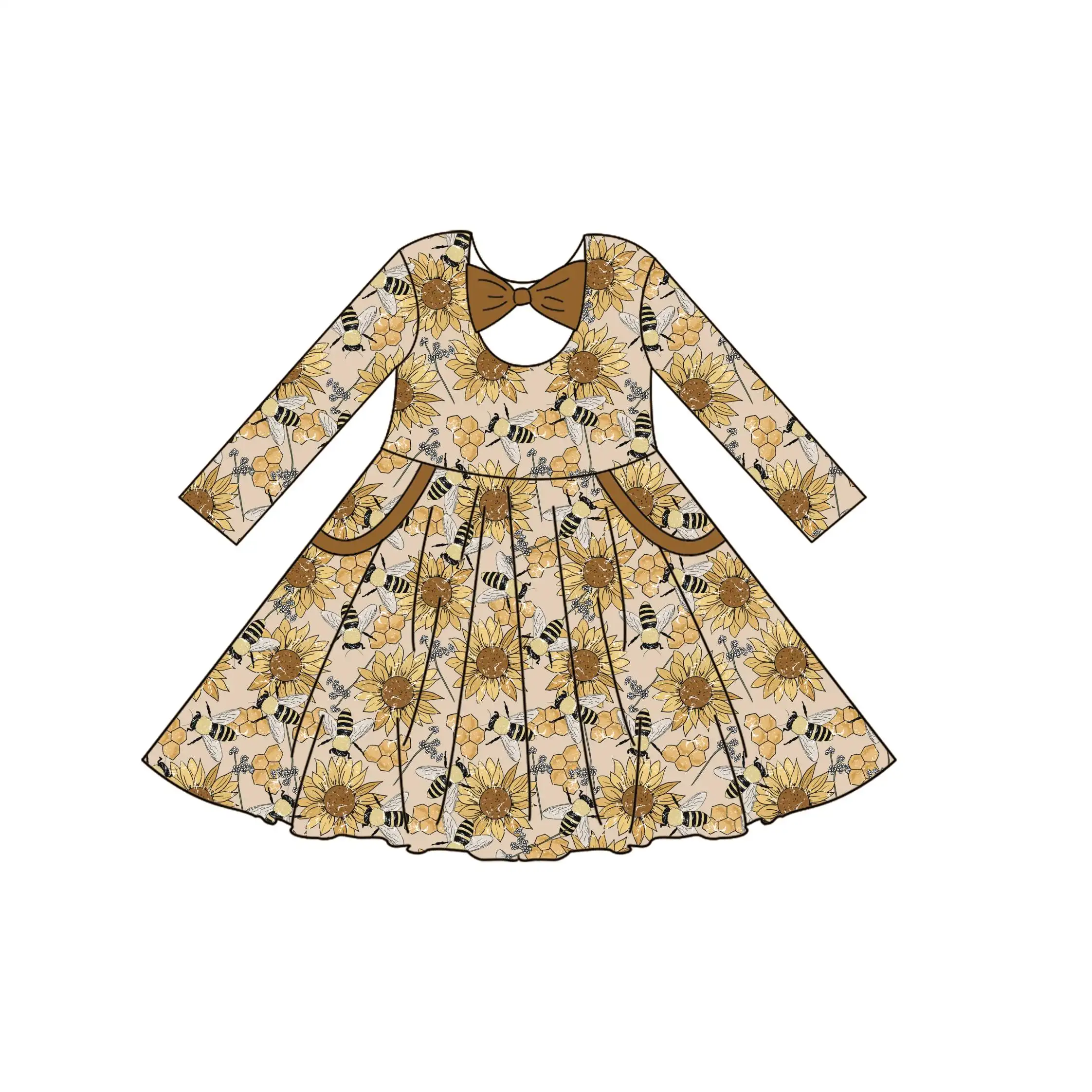 Qingli Oem Hot Sale Kids Bee Print Lange Mouw Met Strik Peuter Meisjes Jurken