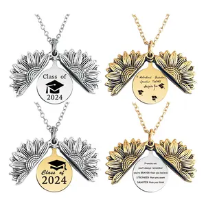 Ywganggu Stainless Steel Customize Opening Sunflower Engraved Necklace Unisex Commemorative Graduation Necklace For Boys Jewelry