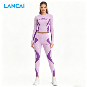 Custom Style OEM&ODM Sportswear Line Contrast Women Workout Fitness Wear Hollow Back Sexy Long Sleeves Peach <b>Hip</b> Yoga Set - Product Image 2