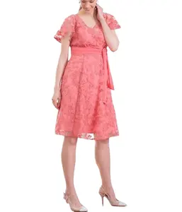 服装厂定制夏季粉色碎花蕾丝婴儿秀孕妇装护理场合连衣裙