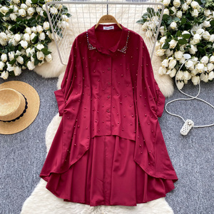 Chemisier asymétrique pour femme, orné de clous et de perles, à boutonnage simple, manches chauve-souris, coupe ample mi-longue, tendance - Product Image 4