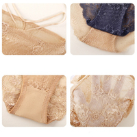 FF6125 Culotte Femme Taille Basse en Dentelle Florale à Bretelles en V, en Maille Transparente, Lingerie Quotidienne Sexy et Transparente