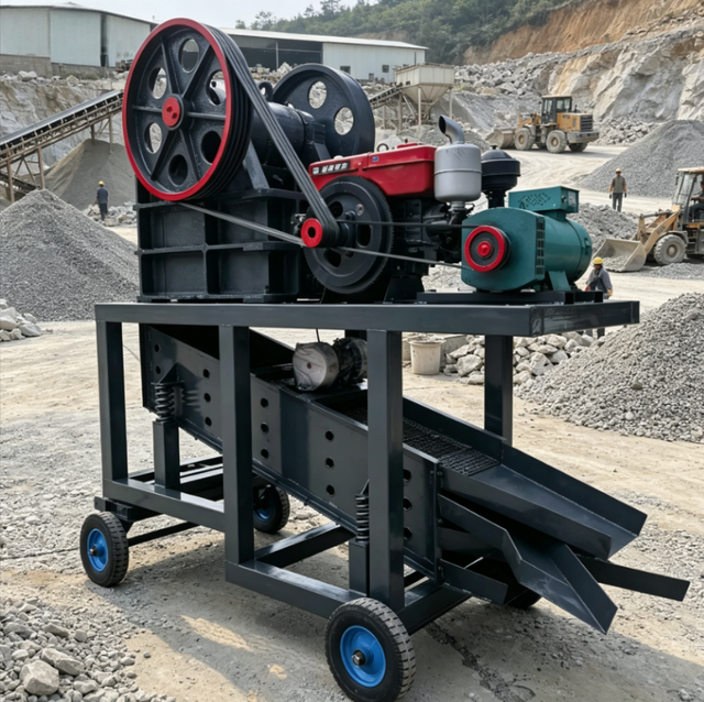 Portable Ore Mining Machinery, Mobile Rock Crusher, Crusher with Vibrating Screen and Hopper.