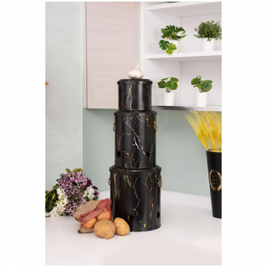 Ensemble de trois bacs en métal pour pommes de terre oignons et ail (3 pièces) Marbre noir marbre noir Design noir - Product Image 3