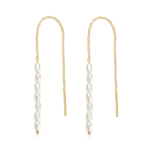 Boucles d'oreilles clous Gemnel délicates en perles d'eau douce ovales verticales, avec chaîne fine en argent 925, style minimaliste, pour superposition - Product Image 1