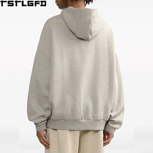 Sweat à capuche personnalisé pour homme, col montant, gris chiné, coupe oversize, épaules tombantes, en coton, style streetwear, vente en gros - Product Image 3