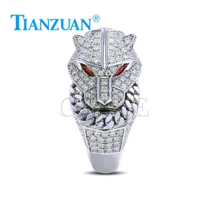 Tiger head Real full of Moissanite with ruby eyes animal Ring Men Sterling 925 Silver hip hop Male Friends Gift Fashion Jewelry