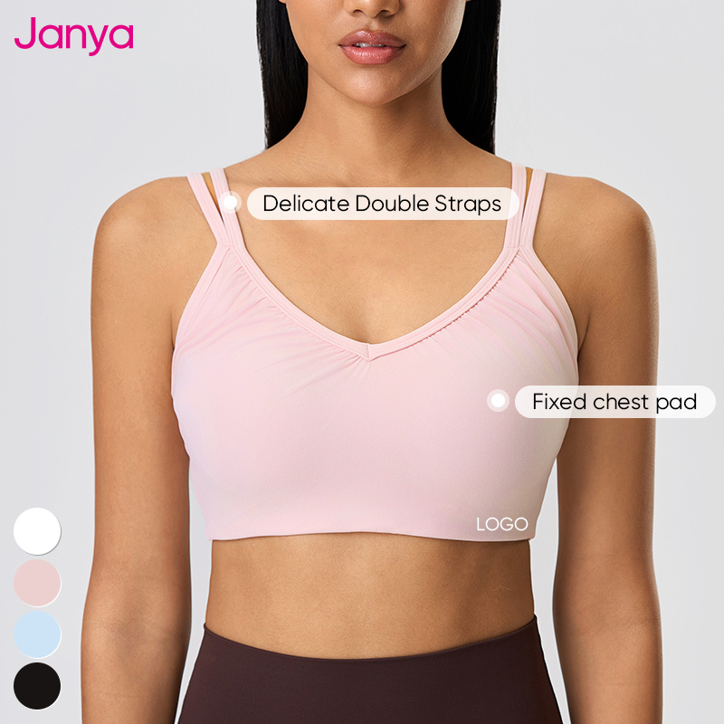 Janya Women's Breathable Deep V Neck Sports Bra Shockproof Gym Fitness Bras Fixed Cup Gathered Workout Tank Top Yoga Sports Bra