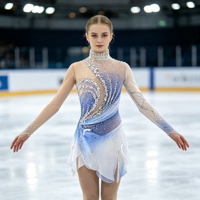 Robe de patinage artistique à col haut et manches longues, dégradé bleu et blanc, avec strass et maille, pour compétition et spectacle (adultes et enfants)