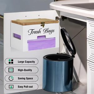 Boîte de rangement de cuisine en bois, support pour sacs poubelles, organisateur mural ou de bureau multifonctionnel, couvert, couleur unie - Product Image 1