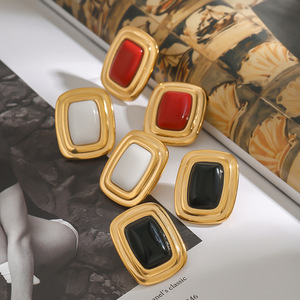 Fashion Stud <b>Earrings</b> 18K Gold Plated Stainless Steel Geometric Square Black Agate <b>Red</b> Inlay Bezel Setting - Product Image 4