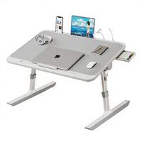Bureau d'ordinateur portable pliable en bois pour lit, hauteur et inclinaison réglables, hub USB, tiroir de rangement, support portable pour ordinateur portable, idéal pour dortoir et canapé