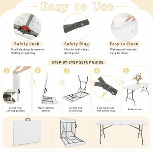 Modern 8-Foot Portable Outdoor Folding <b>Table</b> Easy-to-Clean HDPE <b>Plastic</b> Semi-White for Party Activities - Product Image 3