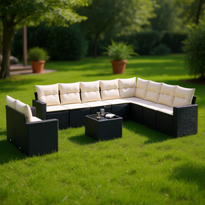 Ensemble de canapés de jardin en rotin PE noir modulaire moderne avec coussins crème, meubles d'extérieur - Product Image 2
