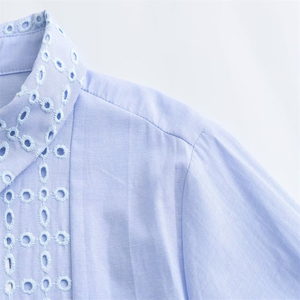 Robe <span class=keywords><strong>midi</strong></span> décontractée élégante en mousseline de soie bleu ciel à broderie anglaise et rayures, à manches longues, pour femme, fabriquée sur mesure - Product Image 4