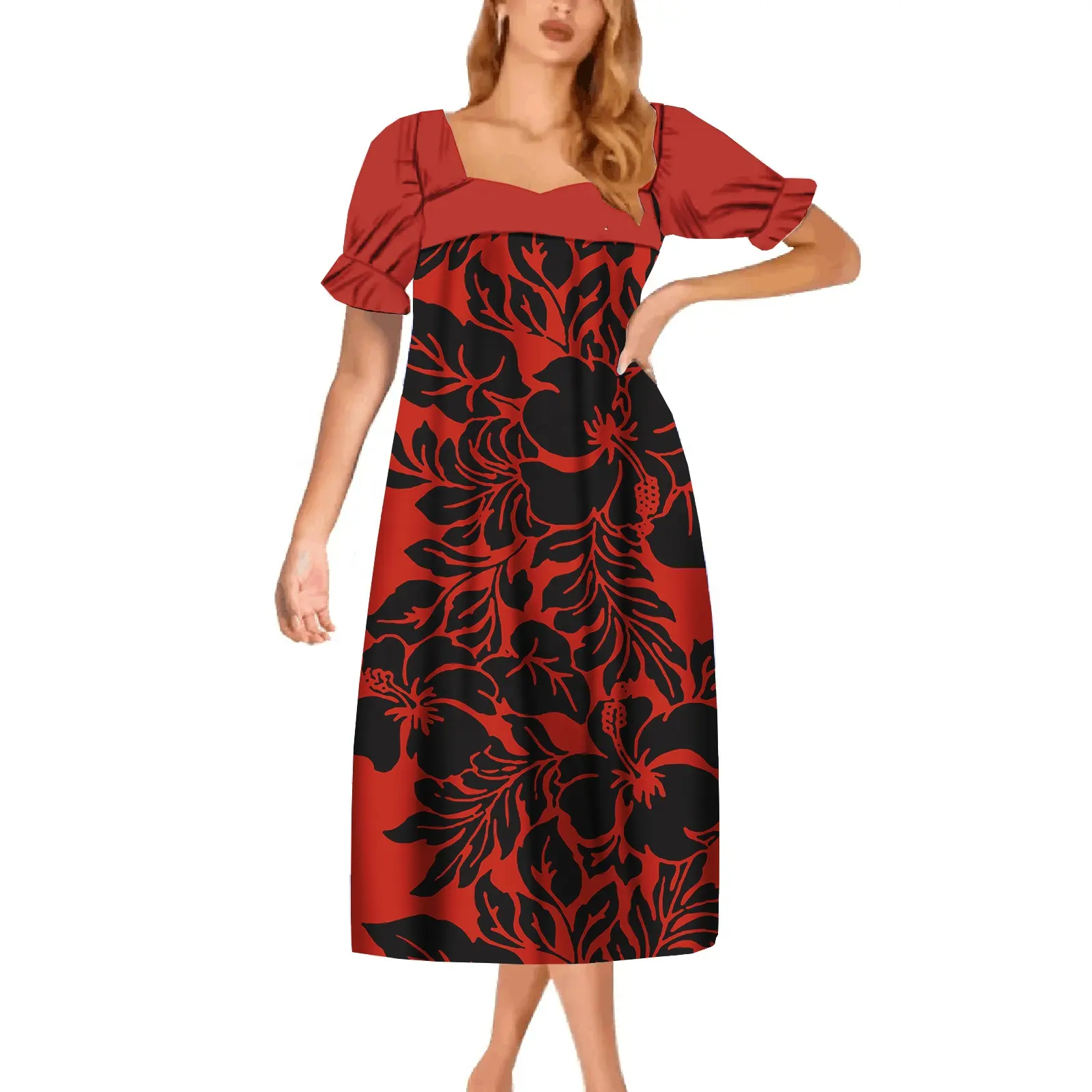 Son tasarım artı boyutu elbise etekler hibiscus baskı zarif bayanlar uzun elbise polinezya hawaiian tribal parti mumu elbiseler