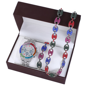 Big Dial Hip Hop Pig Nose Iced Out Cuban Link Full Diamond Steel Band Quartz <strong>Watch</strong> Bracelet Necklace <strong>Set</strong> for Gift With Box - Product Image 6