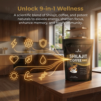 Poudre de café Shilajit 9-en-1 OEM ODM, mélange de café aux herbes multi-adaptogènes, boisson énergisante et stimulante pour la concentration et le soutien cognitif