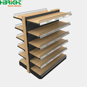 Wood Grain Supermarket Gondola <b>Shelf</b> Metal Retail Display <b>Rack</b> Floor Standing Store Shelving for Grocery Store - Product Image 1